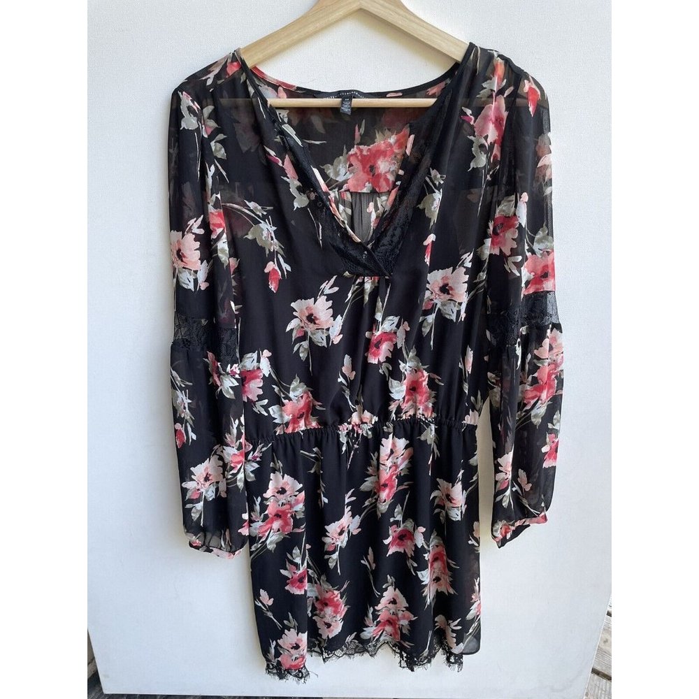 White House Black Market Floral Dress Size 10 Lace Trim V Neck